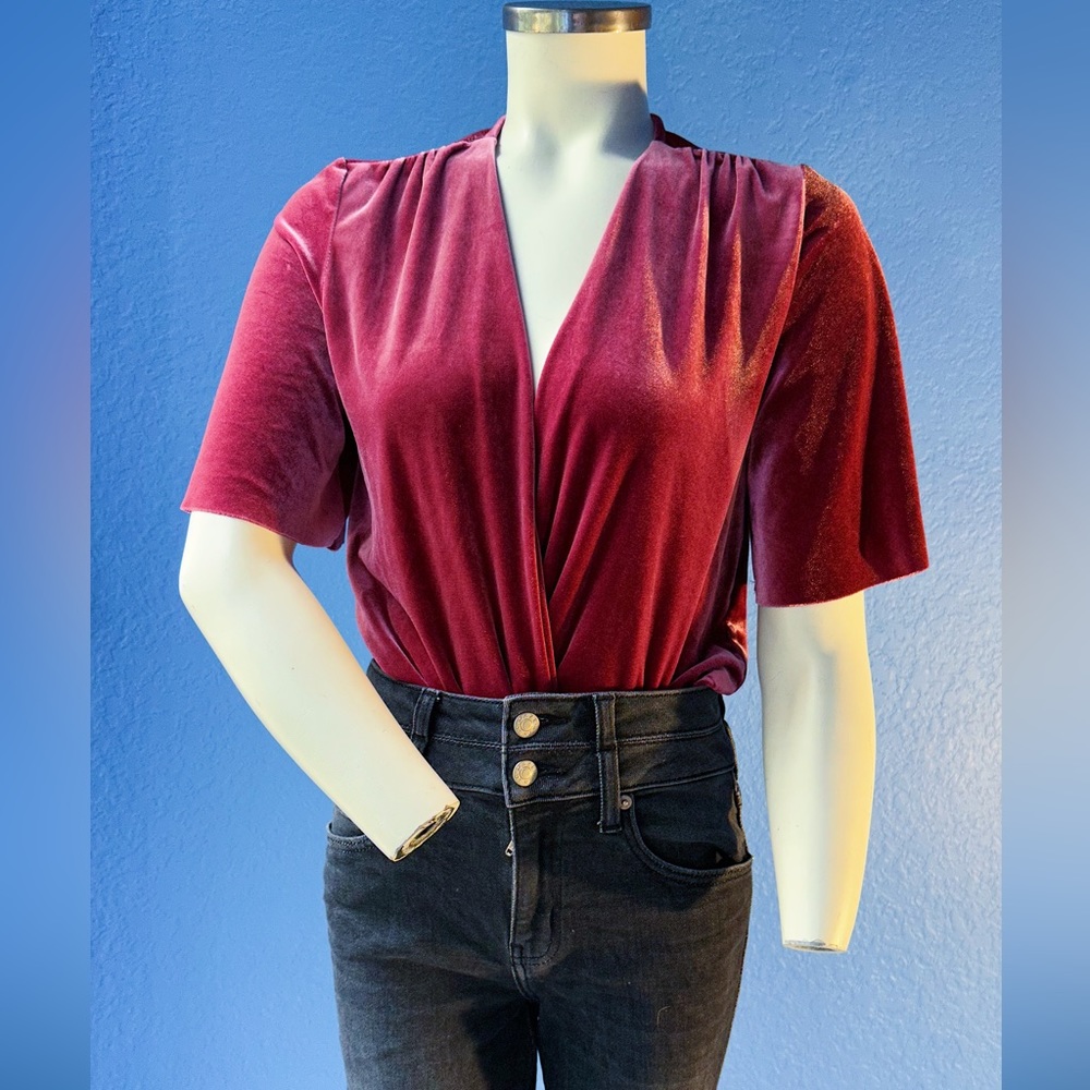 Zara Accessories pink velvet deep v bodysuit, size small